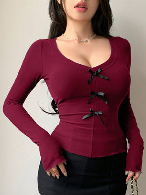 Women's Solid Color Bow Decor V - Neck Long Sleeve Slim Fit T-Shirt - Negative Apparel