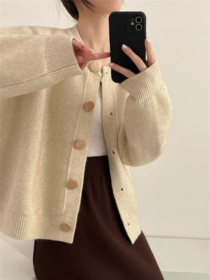 Women’s Solid Color Button Cardigan Sweater – Loose Fit Lazy Wind Knitwear, Autumn 2025 Collection - Negative Apparel