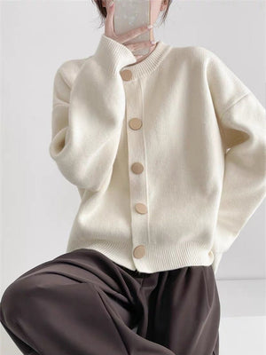 Women’s Solid Color Button Cardigan Sweater – Loose Fit Lazy Wind Knitwear, Autumn 2025 Collection - Negative Apparel