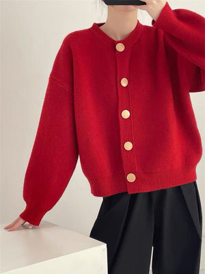 Women’s Solid Color Button Cardigan Sweater – Loose Fit Lazy Wind Knitwear, Autumn 2025 Collection - Negative Apparel
