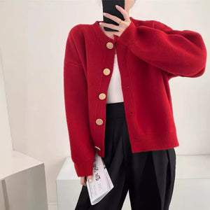 Women’s Solid Color Button Cardigan Sweater – Loose Fit Lazy Wind Knitwear, Autumn 2025 Collection - Negative Apparel