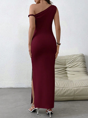 Women's Solid Color Casual Open Slit Oblique Shoulder Knit Dress - Negative Apparel
