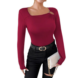 Women's solid color casual square collar fashion slim long - sleeved T-shirt top women - Negative Apparel