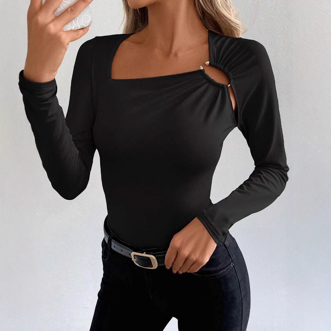 Women's solid color casual square collar fashion slim long - sleeved T-shirt top women - Negative Apparel