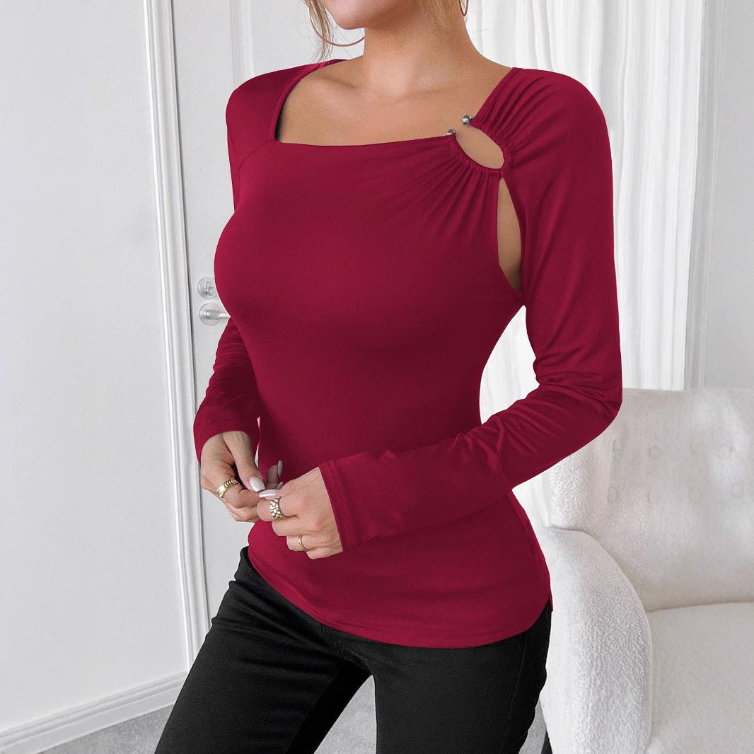 Women's solid color casual square collar fashion slim long - sleeved T-shirt top women - Negative Apparel