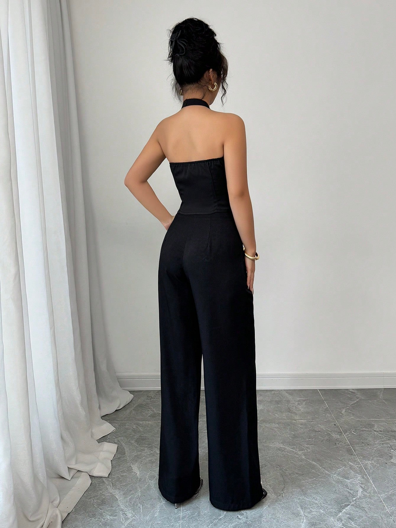 Women's Solid Color Front Button Up Backless Halter Top And Pants Two Piece Set - Negative Apparel