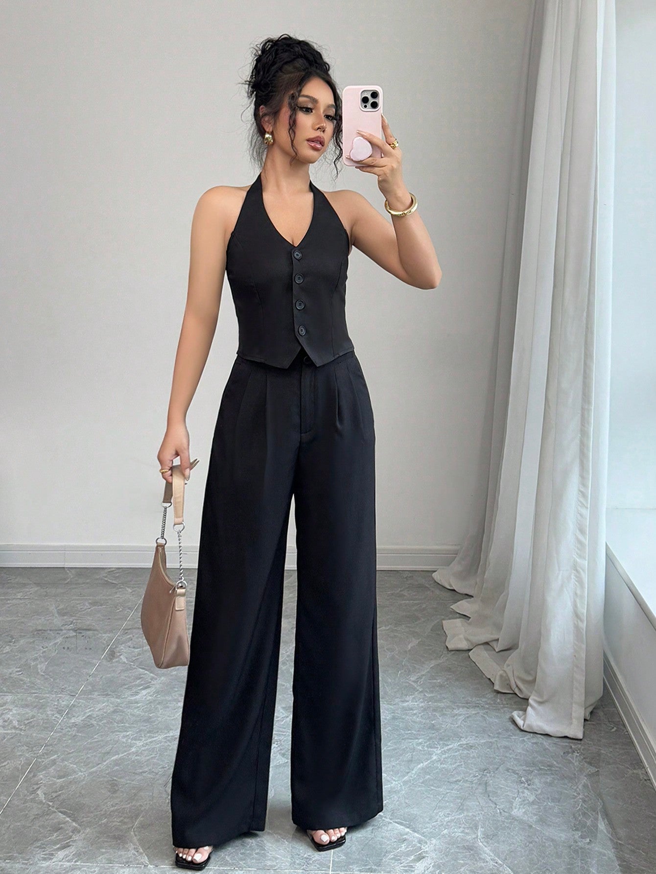Women's Solid Color Front Button Up Backless Halter Top And Pants Two Piece Set - Negative Apparel