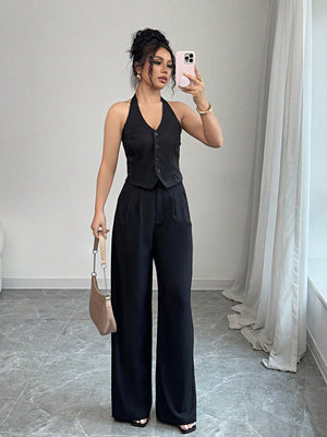 Women's Solid Color Front Button Up Backless Halter Top And Pants Two Piece Set - Negative Apparel