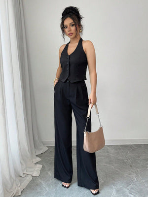 Women's Solid Color Front Button Up Backless Halter Top And Pants Two Piece Set - Negative Apparel