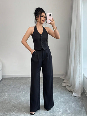 Women's Solid Color Front Button Up Backless Halter Top And Pants Two Piece Set - Negative Apparel