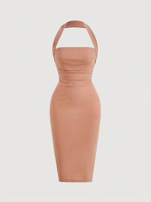 Women's Solid Color Halter Neck Fitted Long Dress, Casual Everyday Wear - Negative Apparel