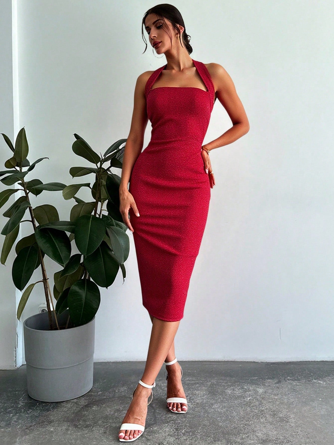 Women's Solid Color Halter Neck Fitted Long Dress, Casual Everyday Wear - Negative Apparel