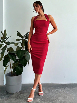 Women's Solid Color Halter Neck Fitted Long Dress, Casual Everyday Wear - Negative Apparel