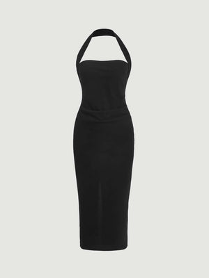 Women's Solid Color Halter Neck Fitted Long Dress, Casual Everyday Wear - Negative Apparel