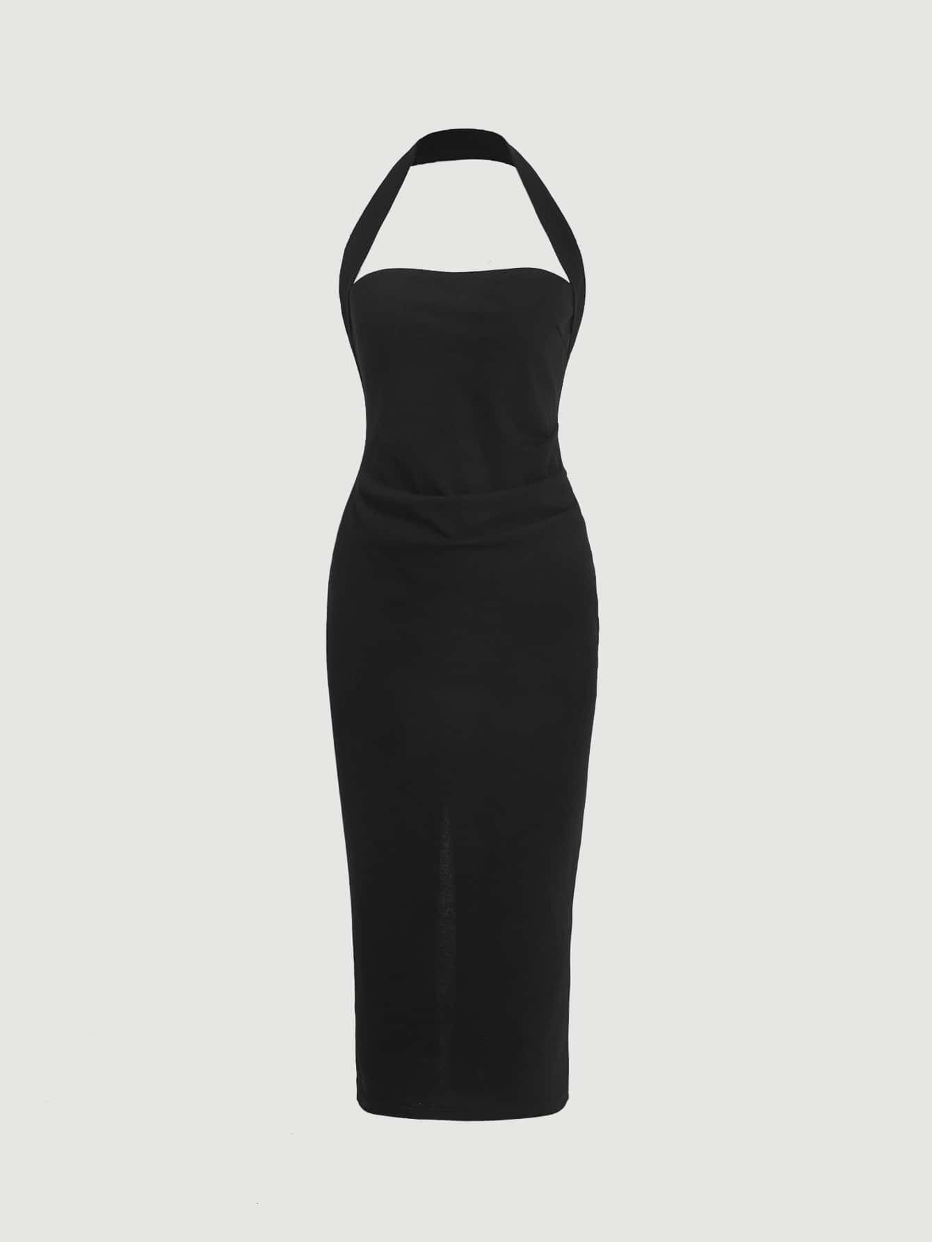 Women's Solid Color Halter Neck Fitted Long Dress, Casual Everyday Wear - Negative Apparel