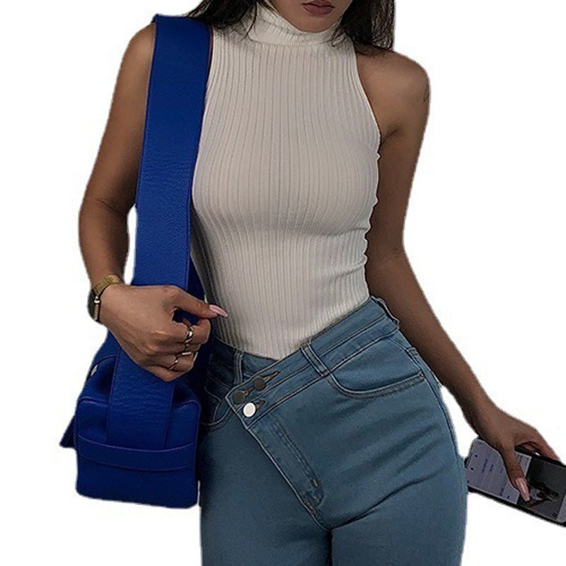 Women’s Solid Color High Collar Sleeveless Sweater | Slim Fit Pullover – 2025 Collection - Negative Apparel