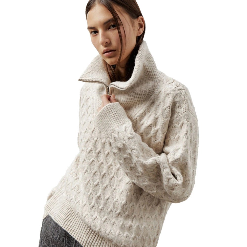 Women’s Solid Color High - Neck Knit Sweater | Chain Flower Pullover | Loose Korean Style | Autumn 2025 - Negative Apparel