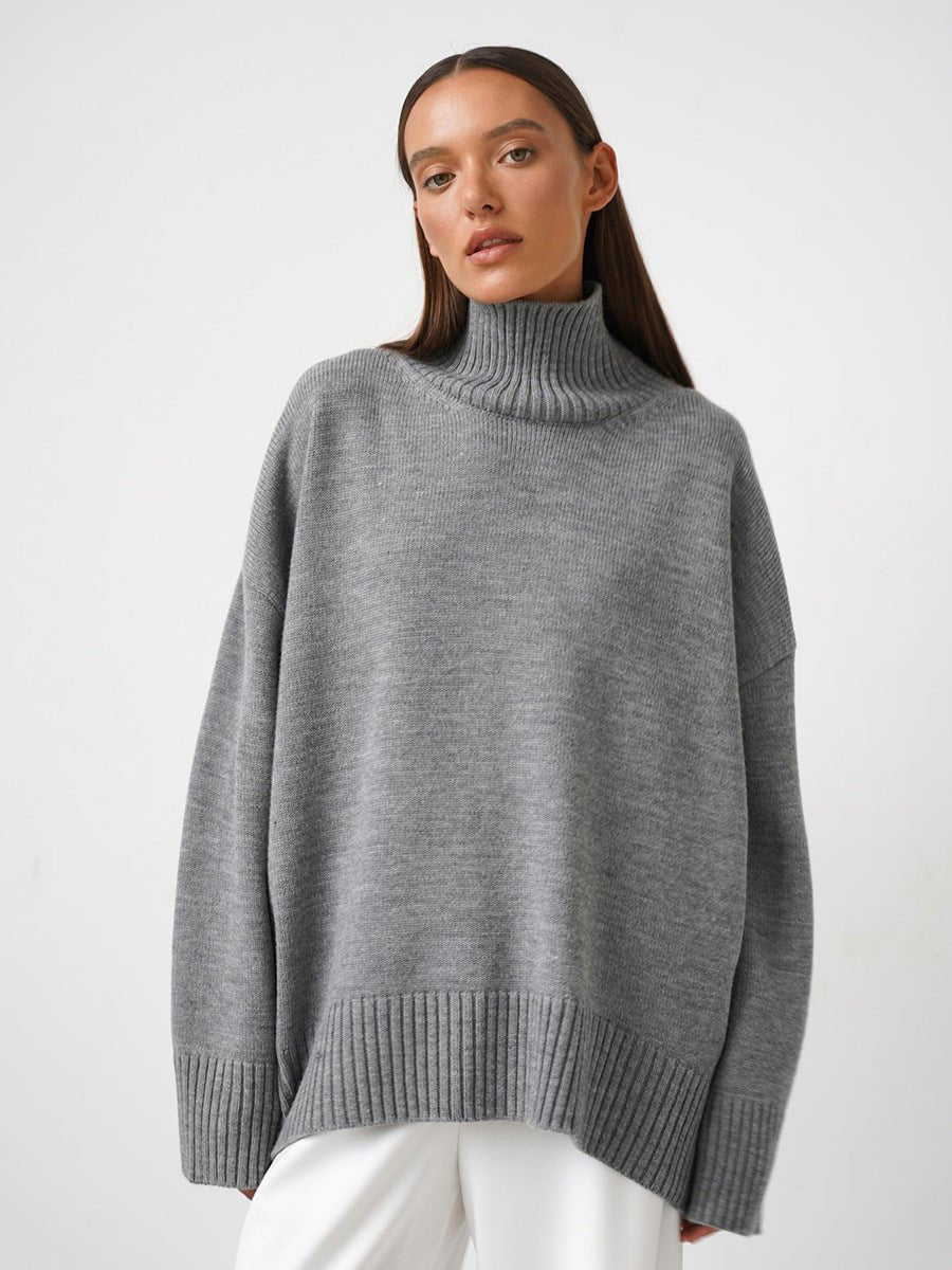 Women’s Solid Color High Neck Knit Sweater | Minimalist Loose Pullover | Autumn 2025 - Negative Apparel