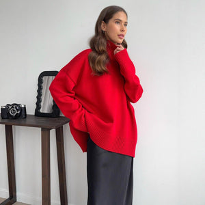 Women’s Solid Color High Neck Knit Sweater | Minimalist Loose Pullover | Autumn 2025 - Negative Apparel