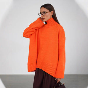 Women’s Solid Color High Neck Knit Sweater | Minimalist Loose Pullover | Autumn 2025 - Negative Apparel