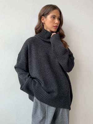 Women’s Solid Color High Neck Knit Sweater | Minimalist Loose Pullover | Autumn 2025 - Negative Apparel
