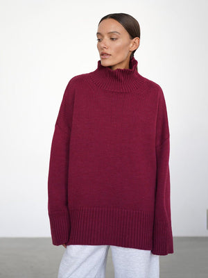 Women’s Solid Color High Neck Knit Sweater | Minimalist Loose Pullover | Autumn 2025 - Negative Apparel