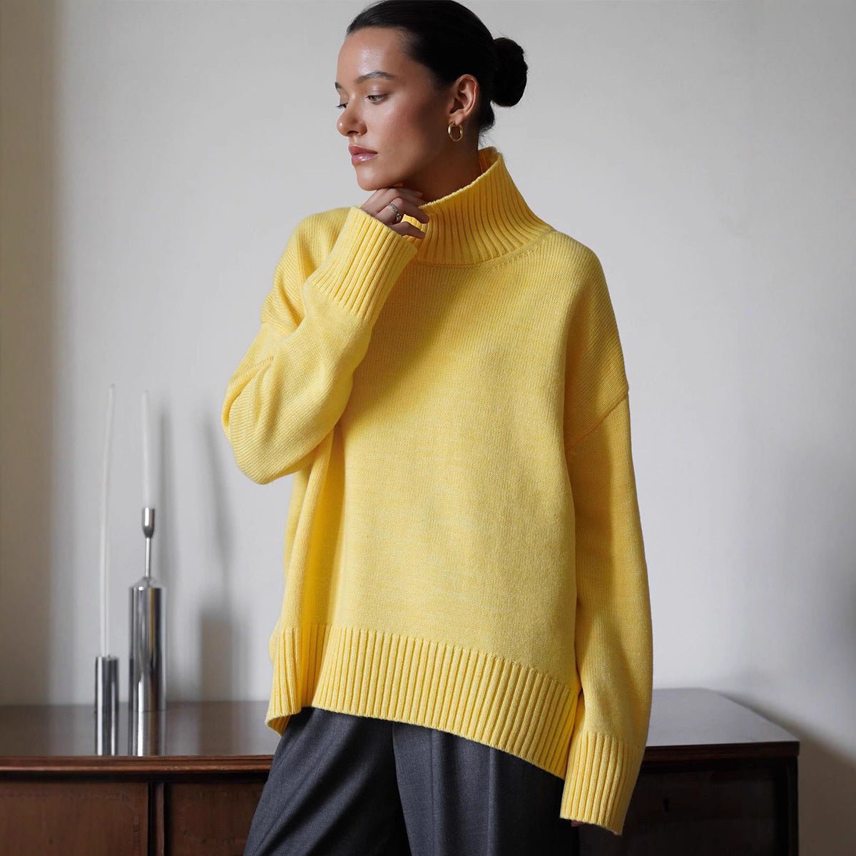 Women’s Solid Color High Neck Knit Sweater | Minimalist Loose Pullover | Autumn 2025 - Negative Apparel