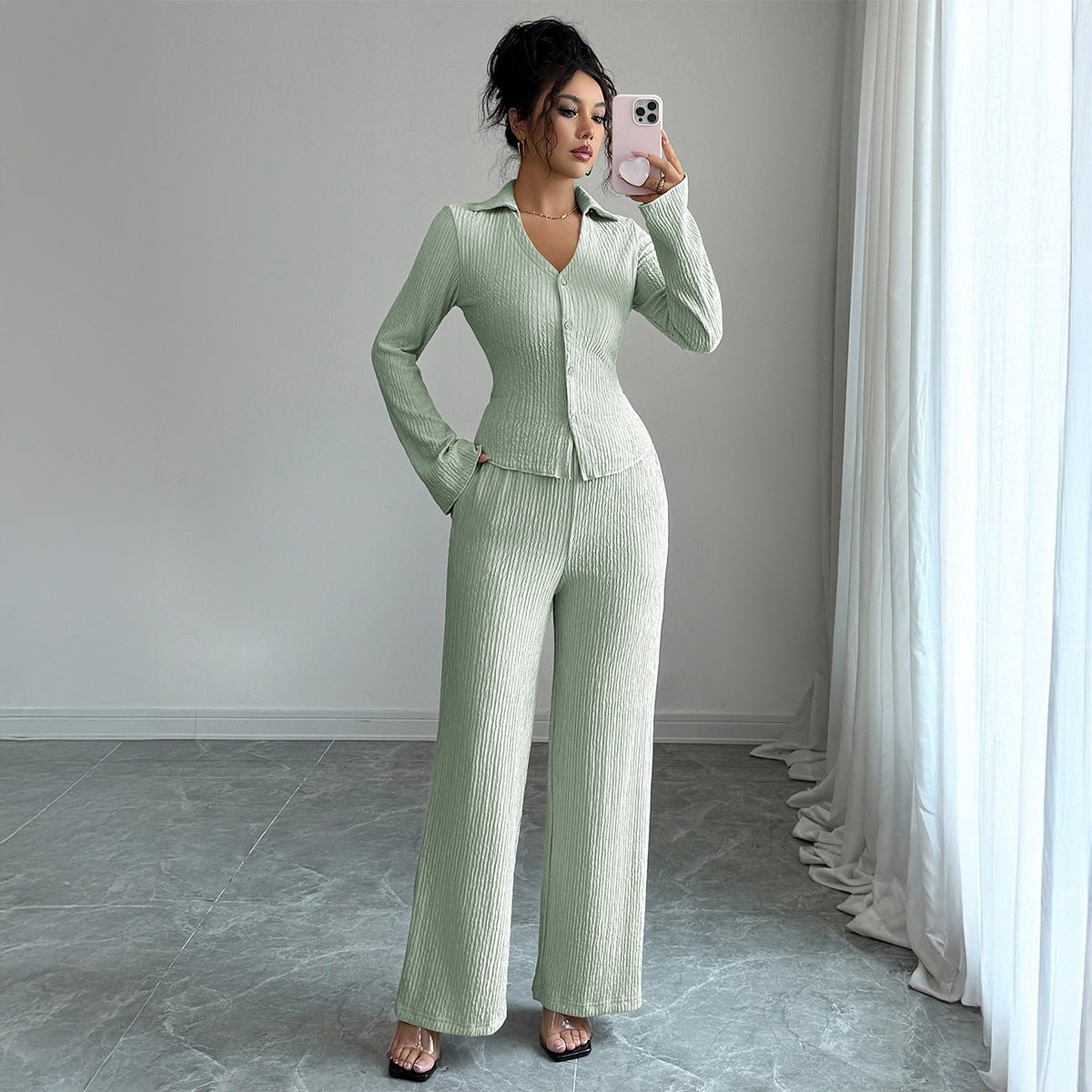 Women’s Solid Color Knitted Two - Piece Set | Elegant Long Sleeve Casual Suit – Winters 2025 - Negative Apparel