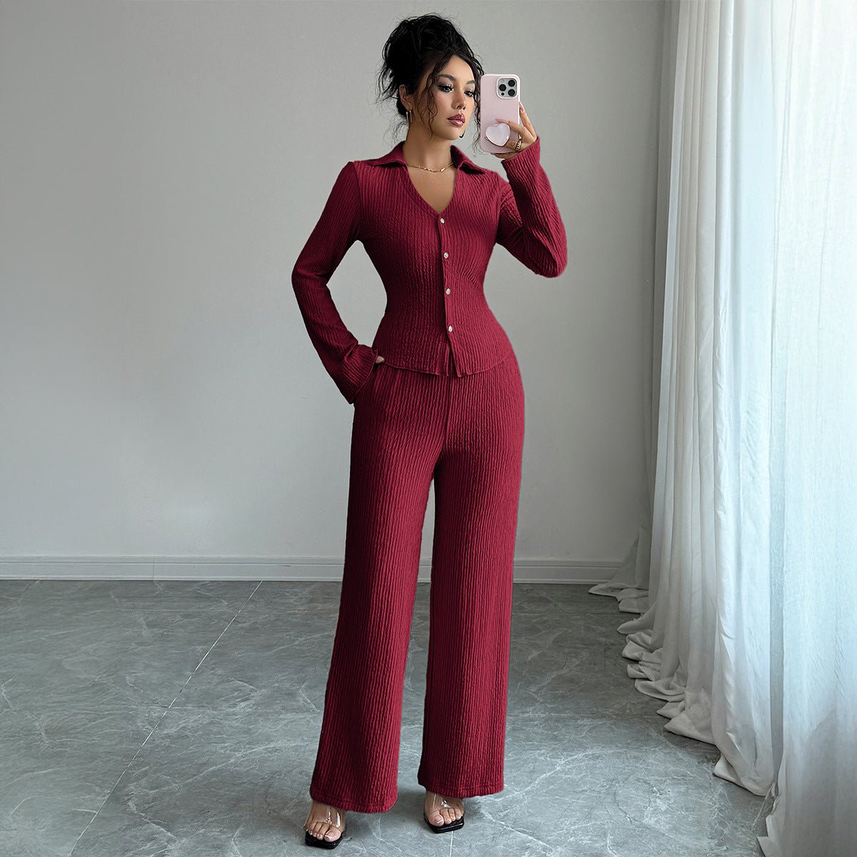 Women’s Solid Color Knitted Two - Piece Set | Elegant Long Sleeve Casual Suit – Winters 2025 - Negative Apparel