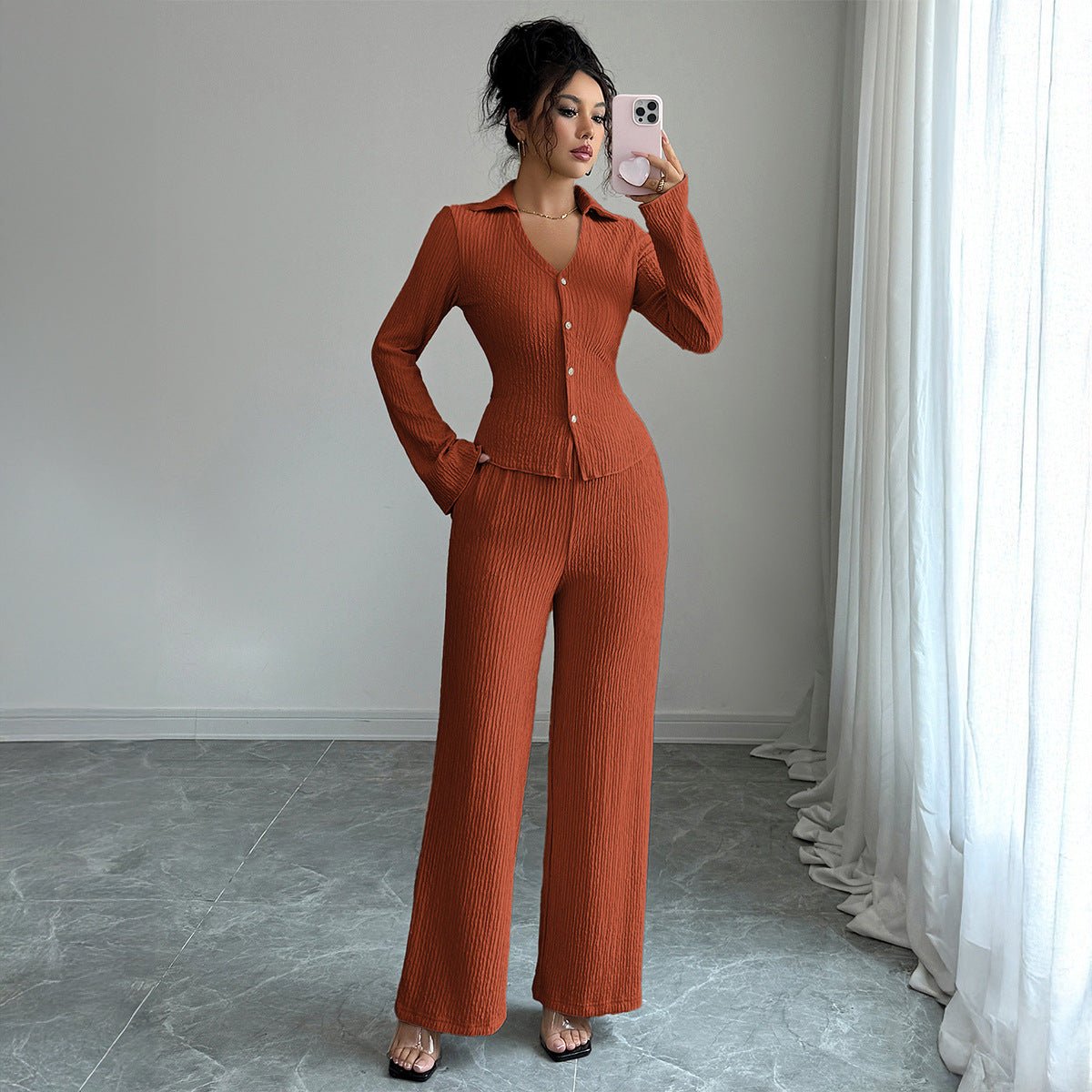 Women’s Solid Color Knitted Two - Piece Set | Elegant Long Sleeve Casual Suit – Winters 2025 - Negative Apparel
