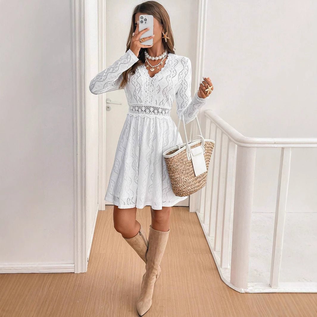 Women's solid color lace patchwork mini vacation dress scallop edge sundress - Negative Apparel