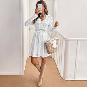 Women's solid color lace patchwork mini vacation dress scallop edge sundress - Negative Apparel