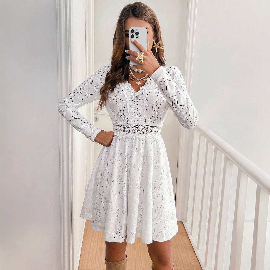 Women's solid color lace patchwork mini vacation dress scallop edge sundress - Negative Apparel