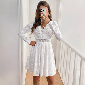 Women's solid color lace patchwork mini vacation dress scallop edge sundress - Negative Apparel