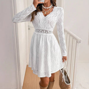 Women's solid color lace patchwork mini vacation dress scallop edge sundress - Negative Apparel