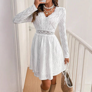 Women's solid color lace patchwork mini vacation dress scallop edge sundress - Negative Apparel