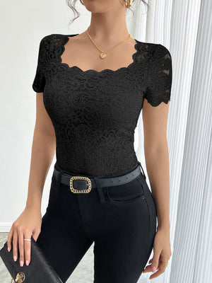 Women's solid color lace slim square neighbor short - sleeved T-shirt top - Negative Apparel