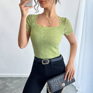 Women's solid color lace slim square neighbor short - sleeved T-shirt top - Negative Apparel