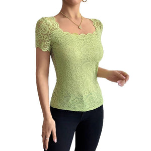 Women's solid color lace slim square neighbor short - sleeved T-shirt top - Negative Apparel