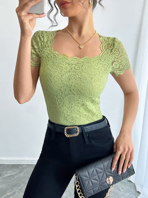 Women's solid color lace slim square neighbor short - sleeved T-shirt top - Negative Apparel