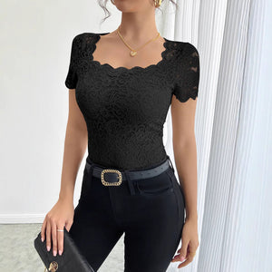 Women's solid color lace slim square neighbor short - sleeved T-shirt top - Negative Apparel