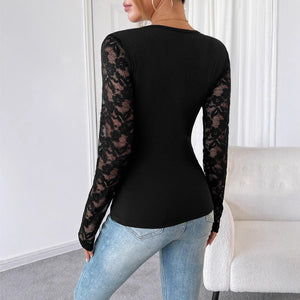 Women's solid color lace splicing long - sleeved slim T-shirt - Negative Apparel