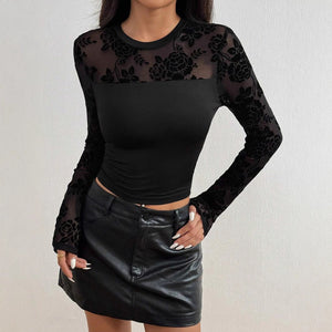 Women's solid color lace splicing round neck long sleeve slim T-shirt - Negative Apparel