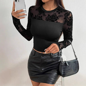 Women's solid color lace splicing round neck long sleeve slim T-shirt - Negative Apparel