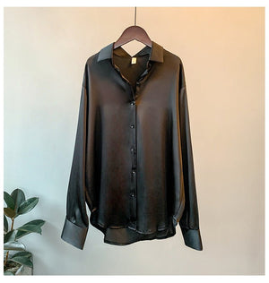 Women’s Solid Color Lapel Loose Fit Shirt | Long Sleeve Button - Down – Autumn 2025 - Negative Apparel