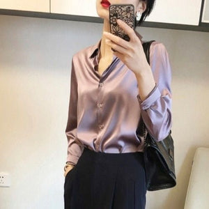 Women’s Solid Color Lapel Loose Fit Shirt | Long Sleeve Button - Down – Autumn 2025 - Negative Apparel