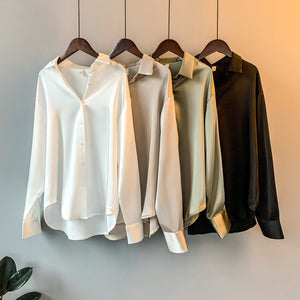 Women’s Solid Color Lapel Loose Fit Shirt | Long Sleeve Button - Down – Autumn 2025 - Negative Apparel