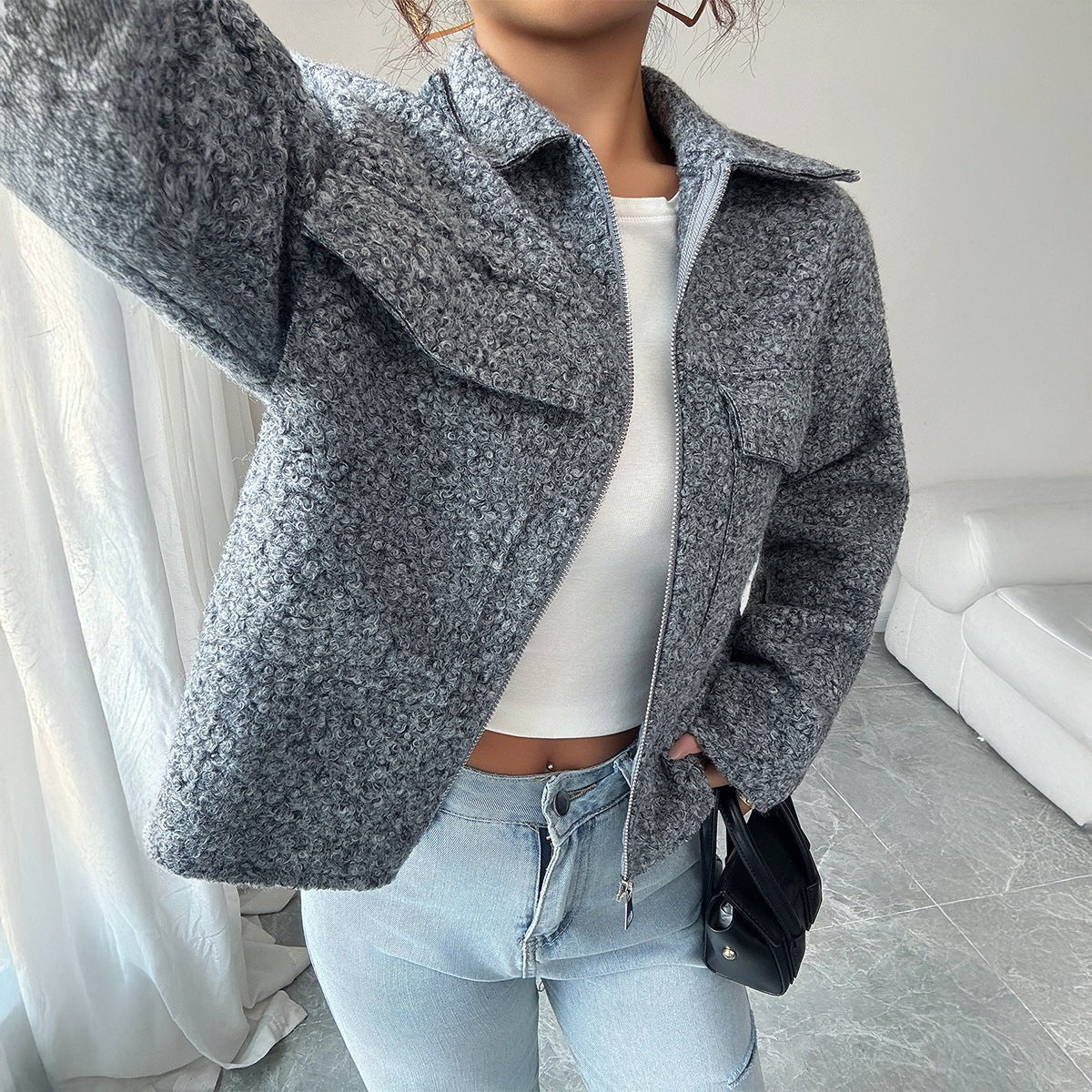 Women’s Solid Color Lapel Zipper Jacket | Slim Fit Woven Blazer – Autumn 2025 - Negative Apparel