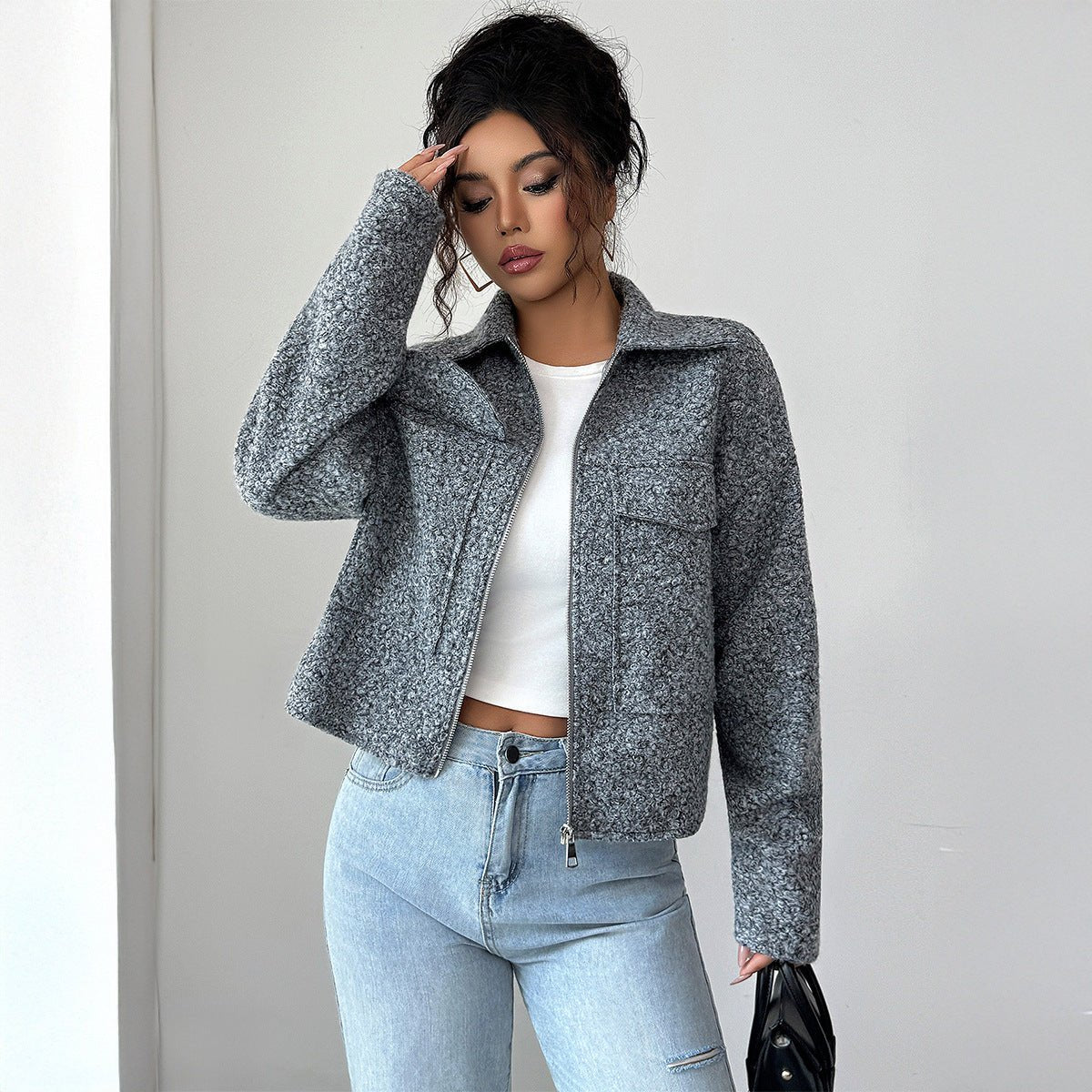 Women’s Solid Color Lapel Zipper Jacket | Slim Fit Woven Blazer – Autumn 2025 - Negative Apparel