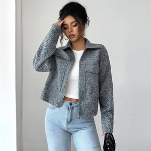 Women’s Solid Color Lapel Zipper Jacket | Slim Fit Woven Blazer – Autumn 2025 - Negative Apparel